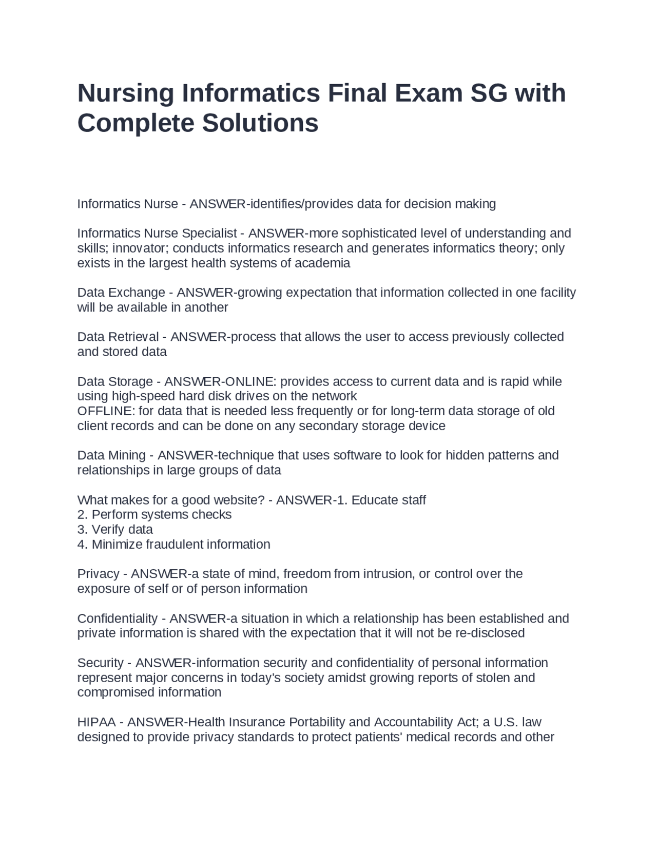 Nursing Informatics Final Exam Study Guide with Complete Solutions ...