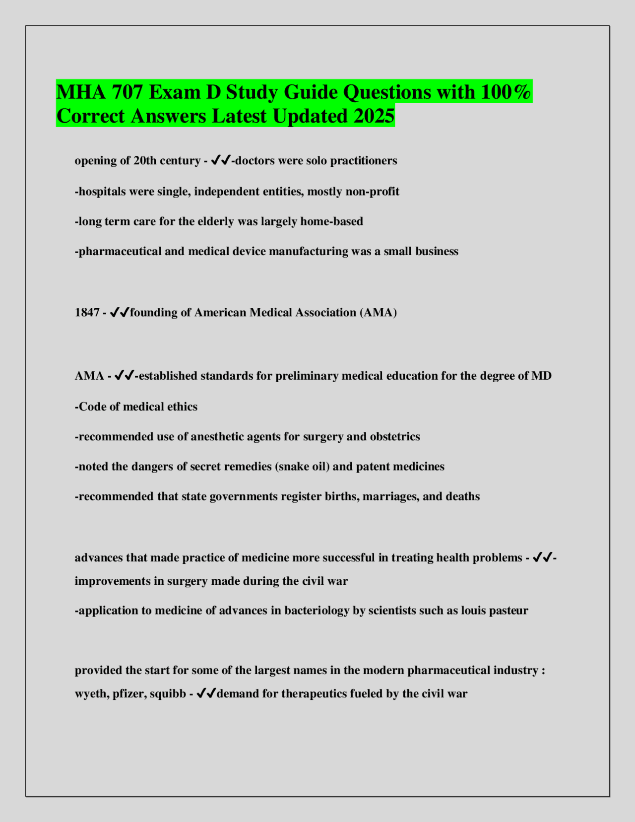 MHA 707 Exam D Study Guide: History of Healthcare in the United States ...