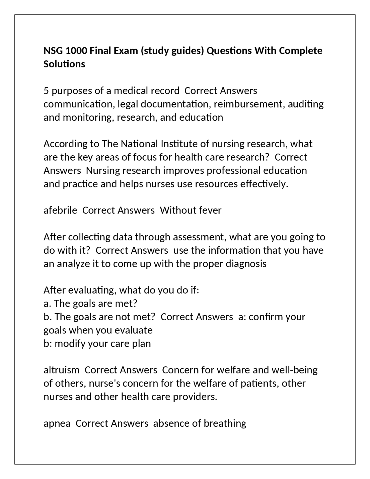 NSG 1000 Final Exam (study guides) Questions With Complete Solutions ...