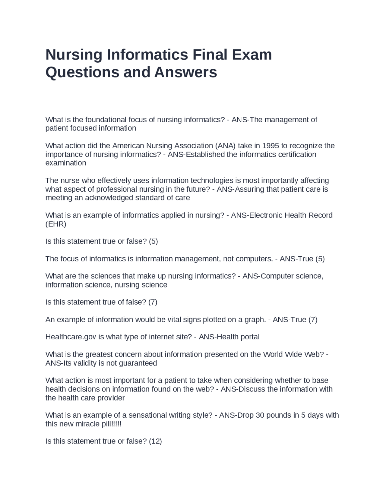 Nursing Informatics Final Exam Questions and Answers | Exams Nursing ...