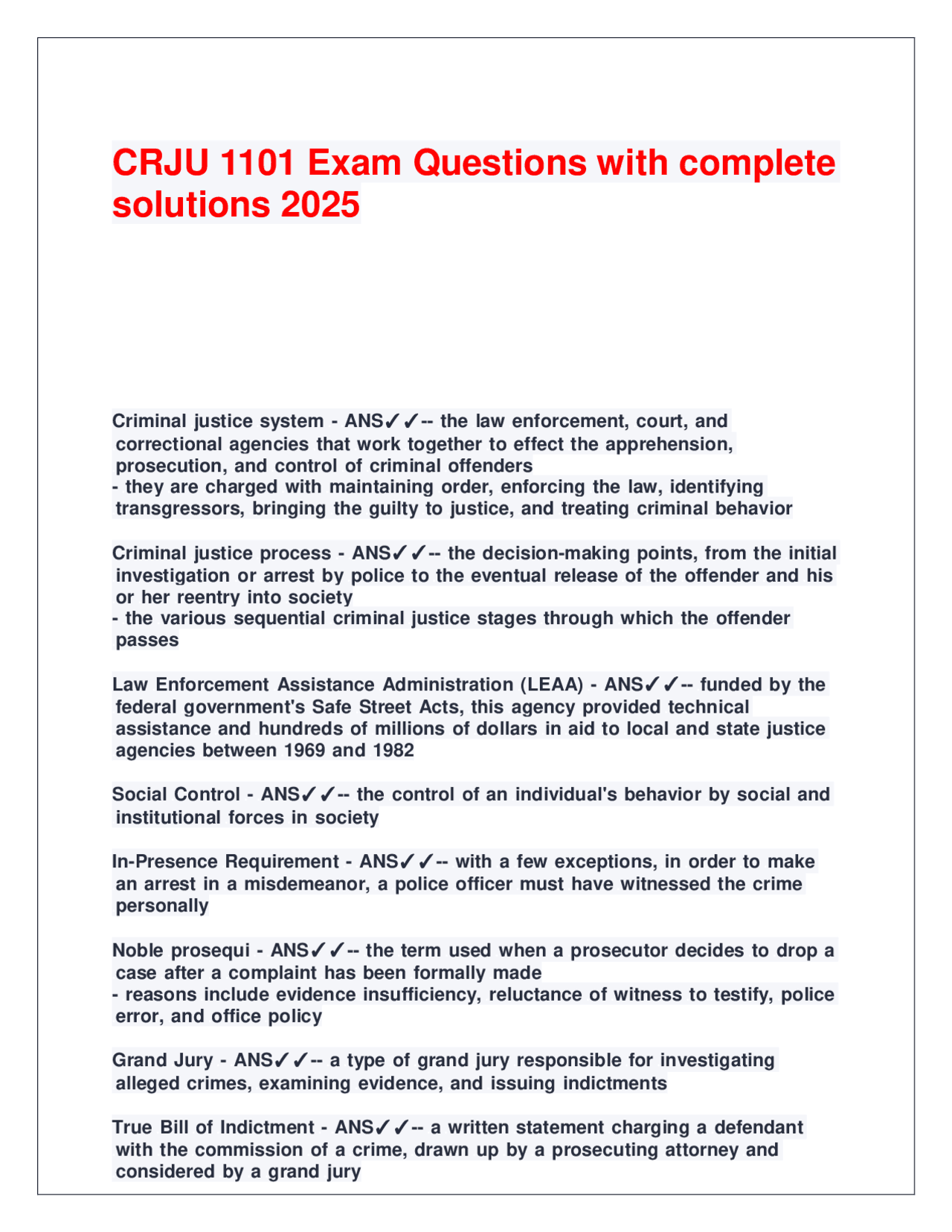 CRJU 1101 Exam Questions with complete solutions 2025. | Exams Law ...