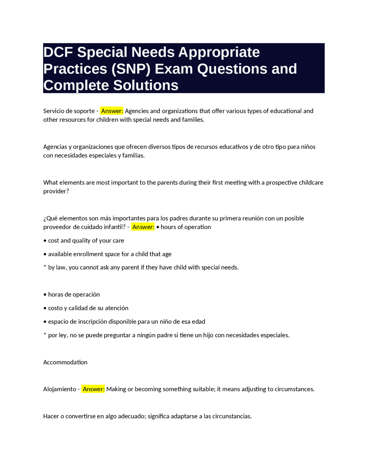 DCF Special Needs Appropriate Practices (SNP) Exam Questions and ...