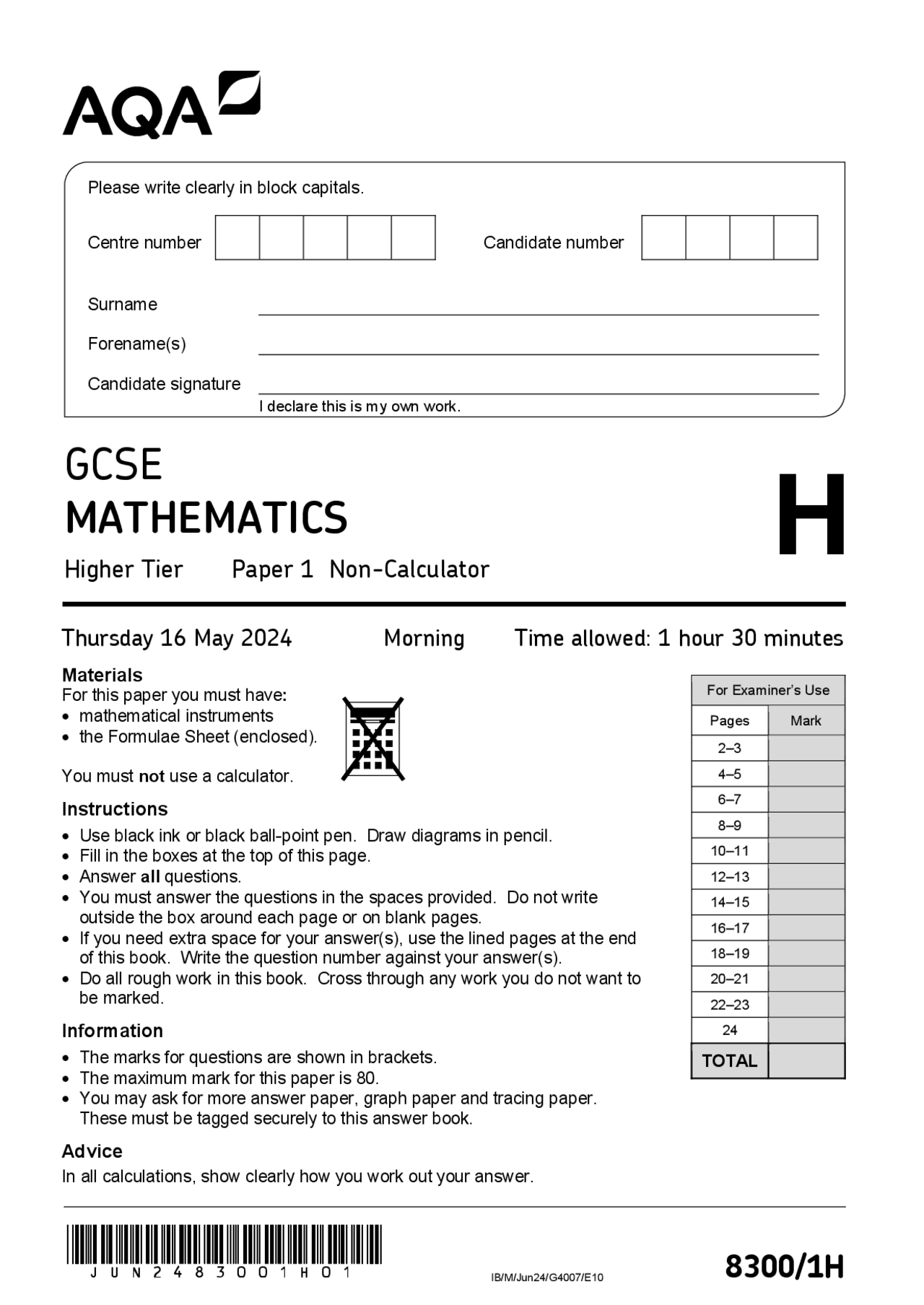 AQA GCSE Math 1H June 2024 | Exams Mathematics | Docsity