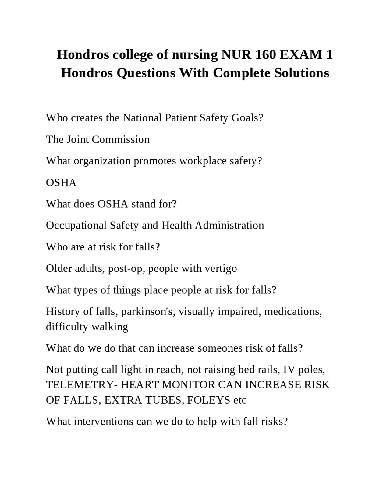 Hondros college of nursing NUR 160 EXAM 1 Hondros Questions With ...