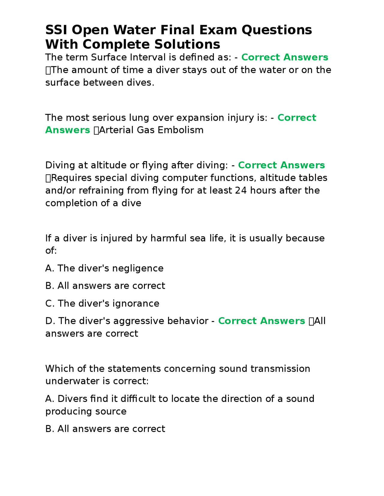 SSI Open Water Final Exam Questions and Answers | Exams Nursing | Docsity