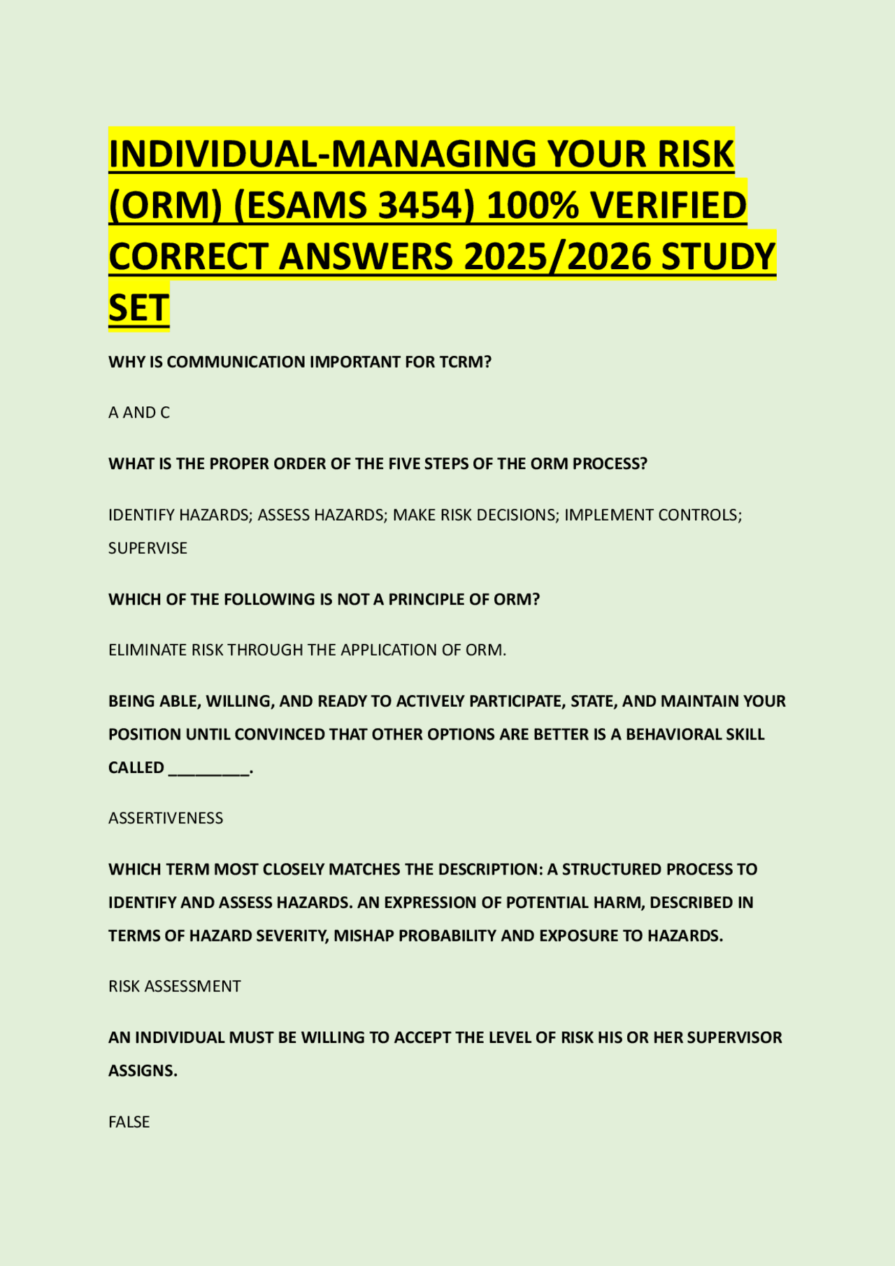 Core Om Risk Questions INDIVIDUAL-MANAGING YOUR RISK (ORM) (ESAMS 3454) 100% VERIFIED CORRECT ...