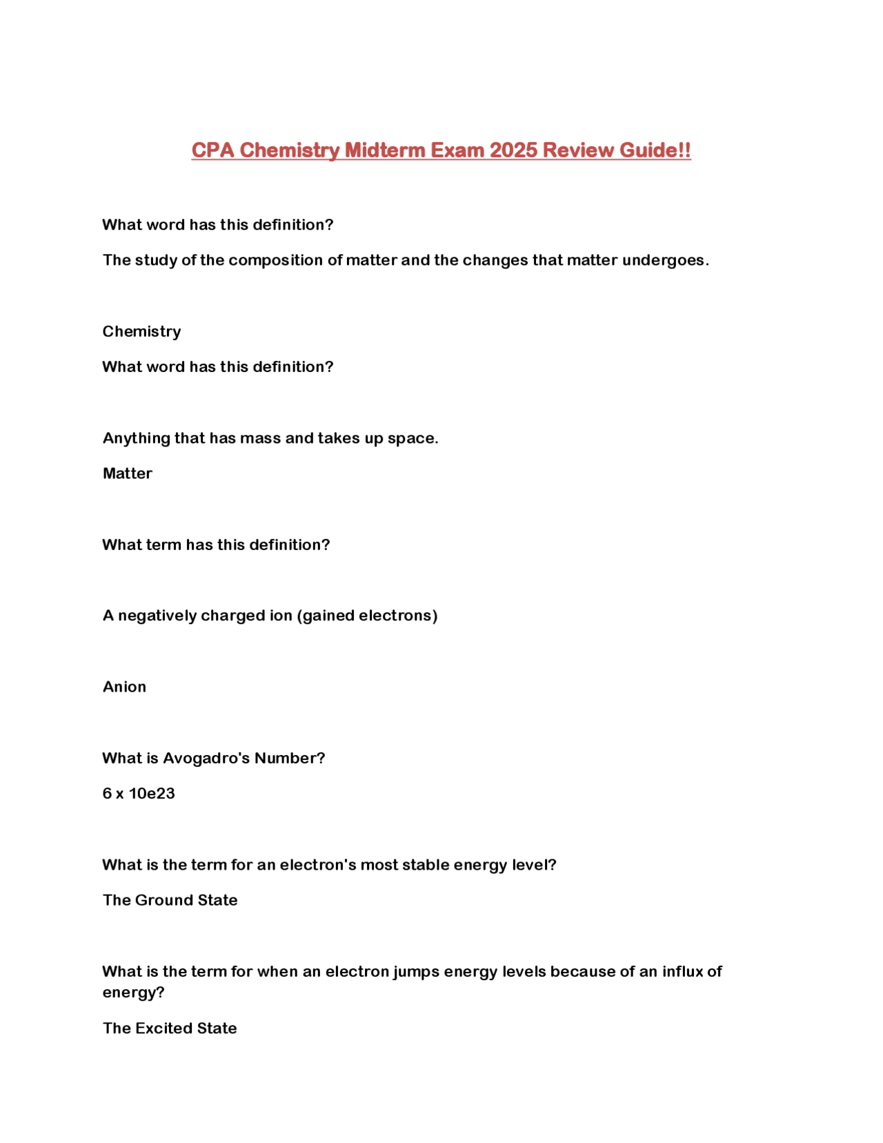 CPA Chemistry Midterm Exam 2025 Review Guide: Key Concepts and ...