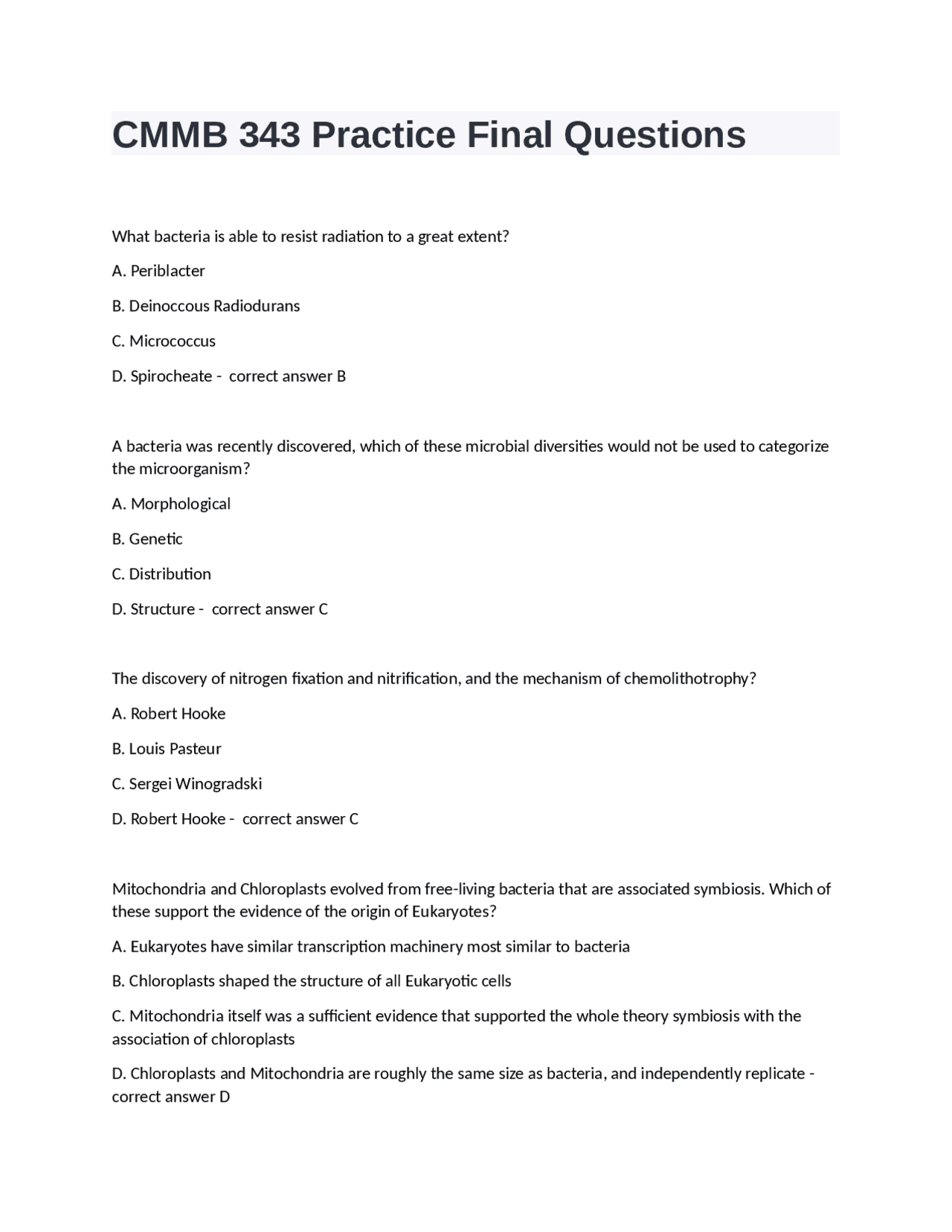 CMMB 343 Practice Final Questions and answers correctly solved | Exams ...