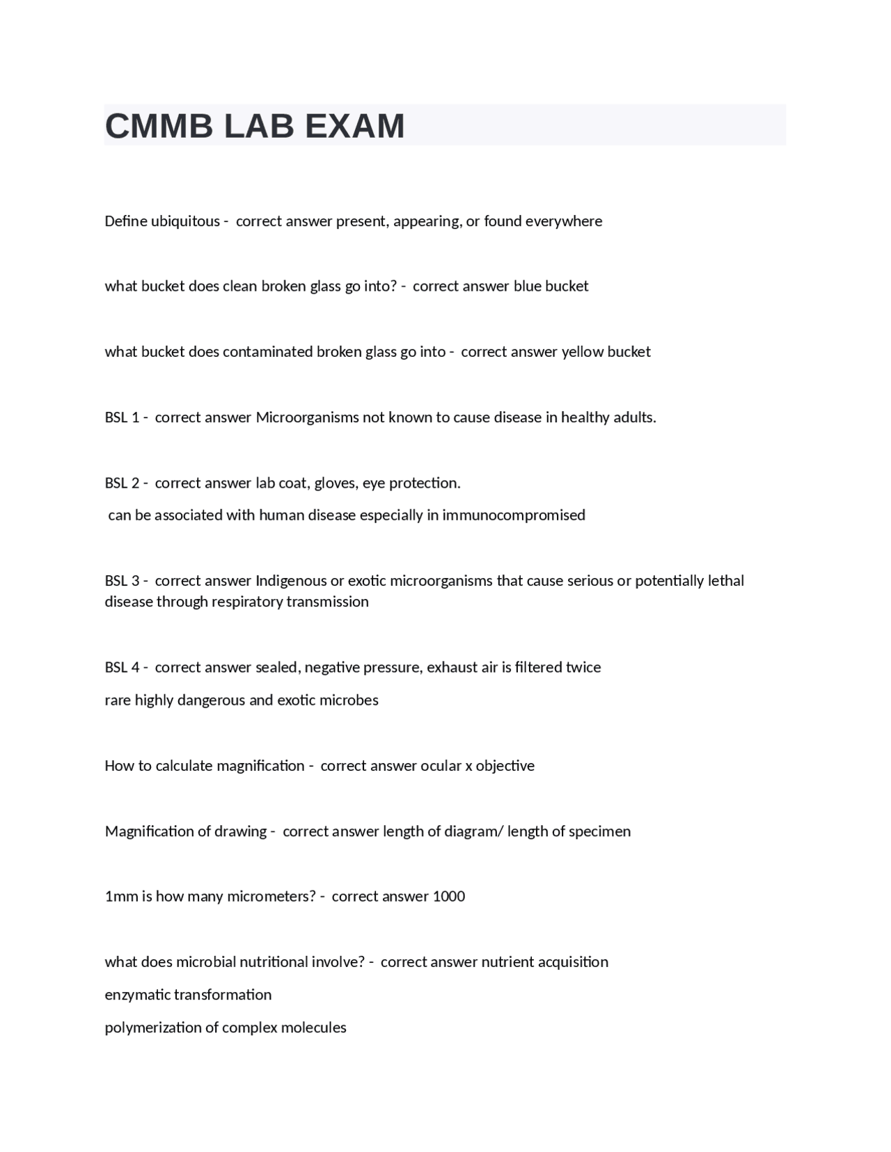 CMMB LAB EXAM Question and answers 100% correct | Exams Nursing | Docsity