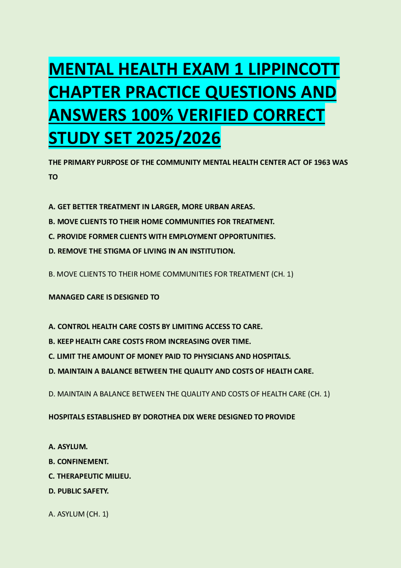 MENTAL HEALTH EXAM 1 LIPPINCOTT CHAPTER PRACTICE QUESTIONS AND ANSWERS ...