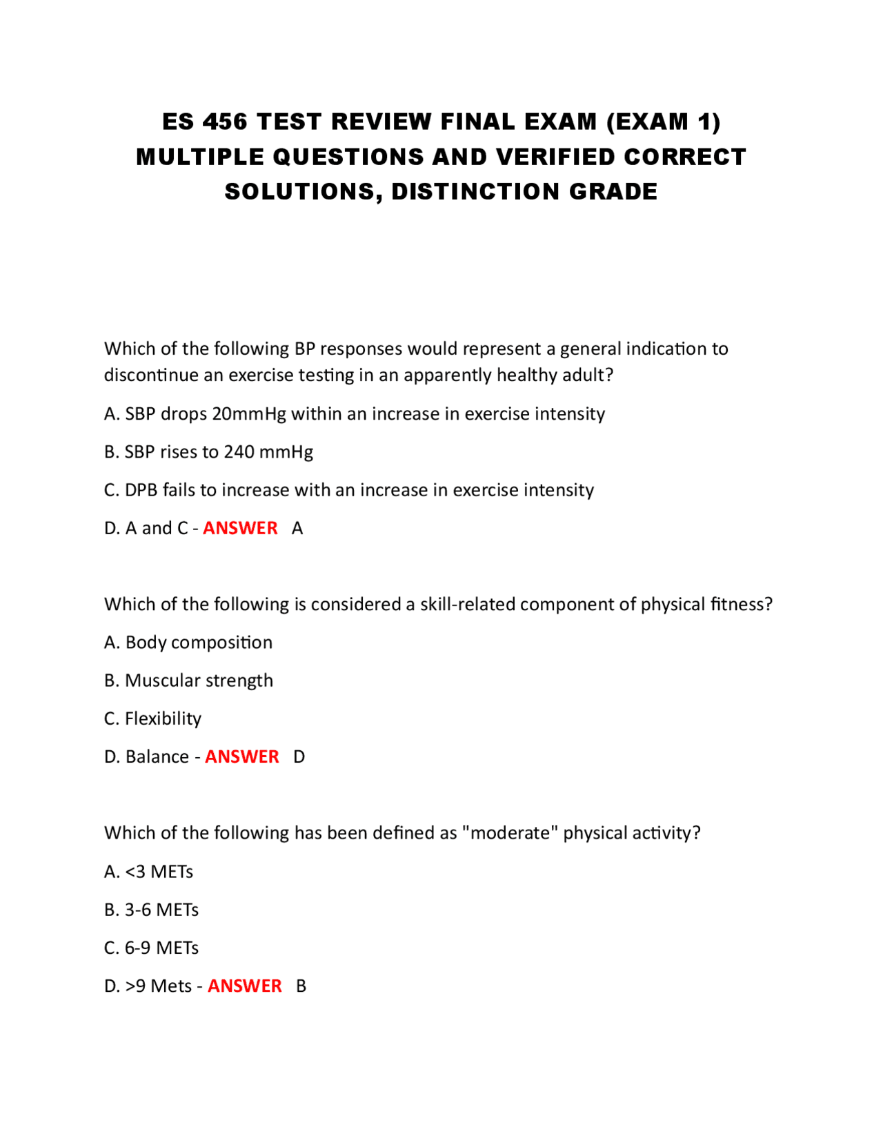 ES 456 Test Review: Final Exam (Exam 1) - Multiple Choice Questions and ...