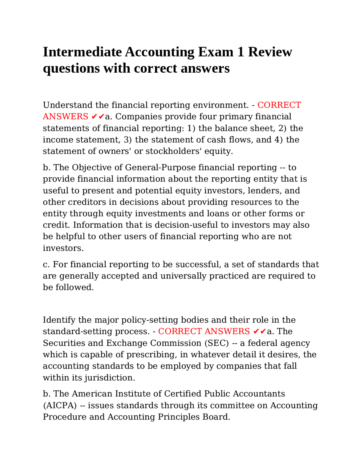 Intermediate Accounting Exam 1 Review questions with correct answers ...
