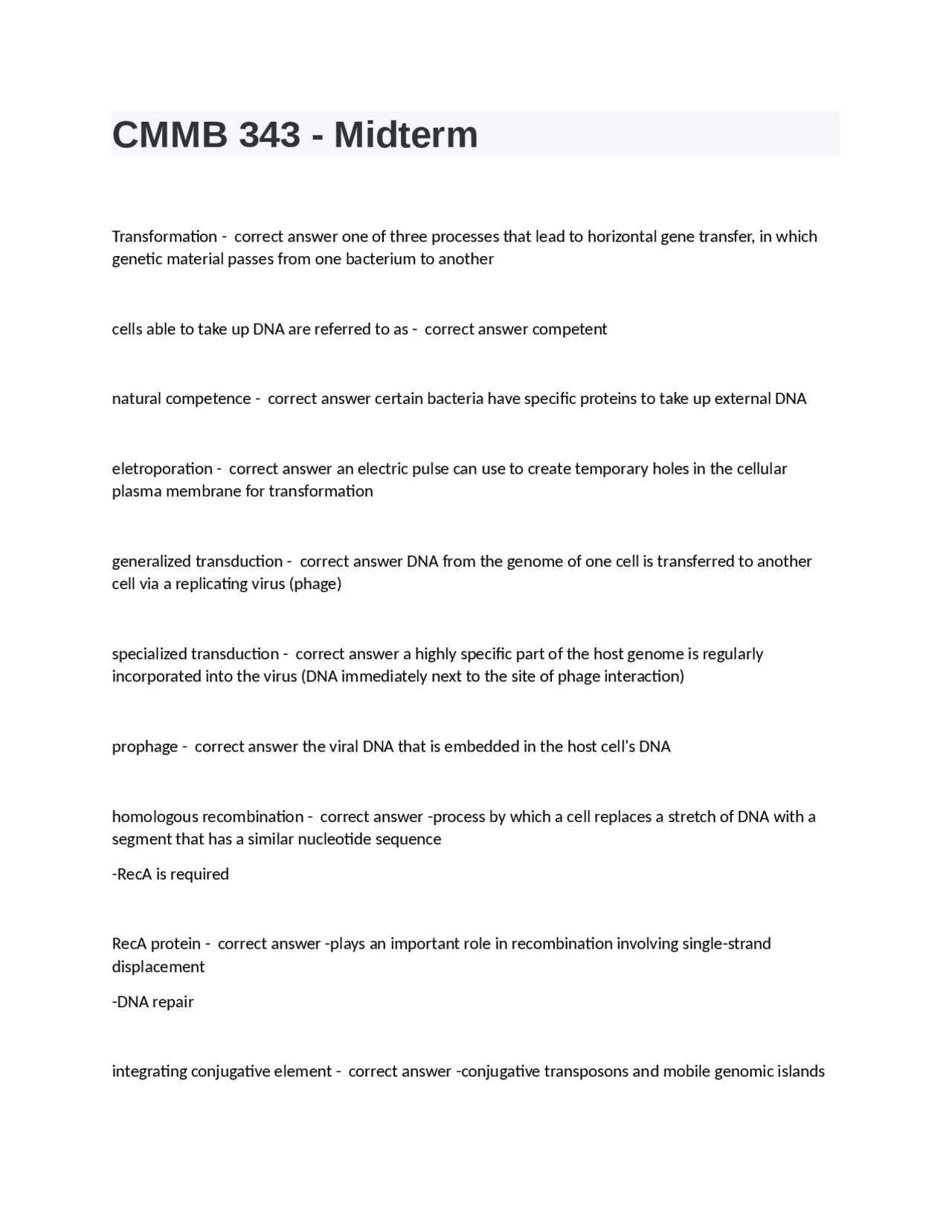 CMMB 343 - Midterm Question and answers correctly solved | Exams ...