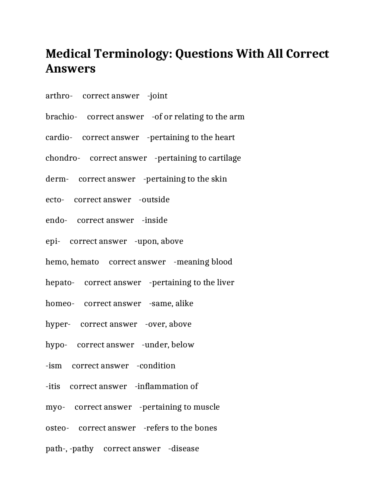 Medical Terminology: Questions and Answers | Exams Latin language | Docsity