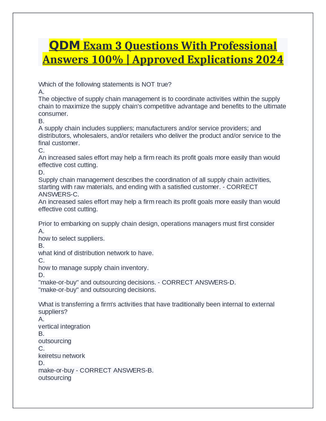 Supply Chain Management Exam Questions and Answers | Exams Advanced ...