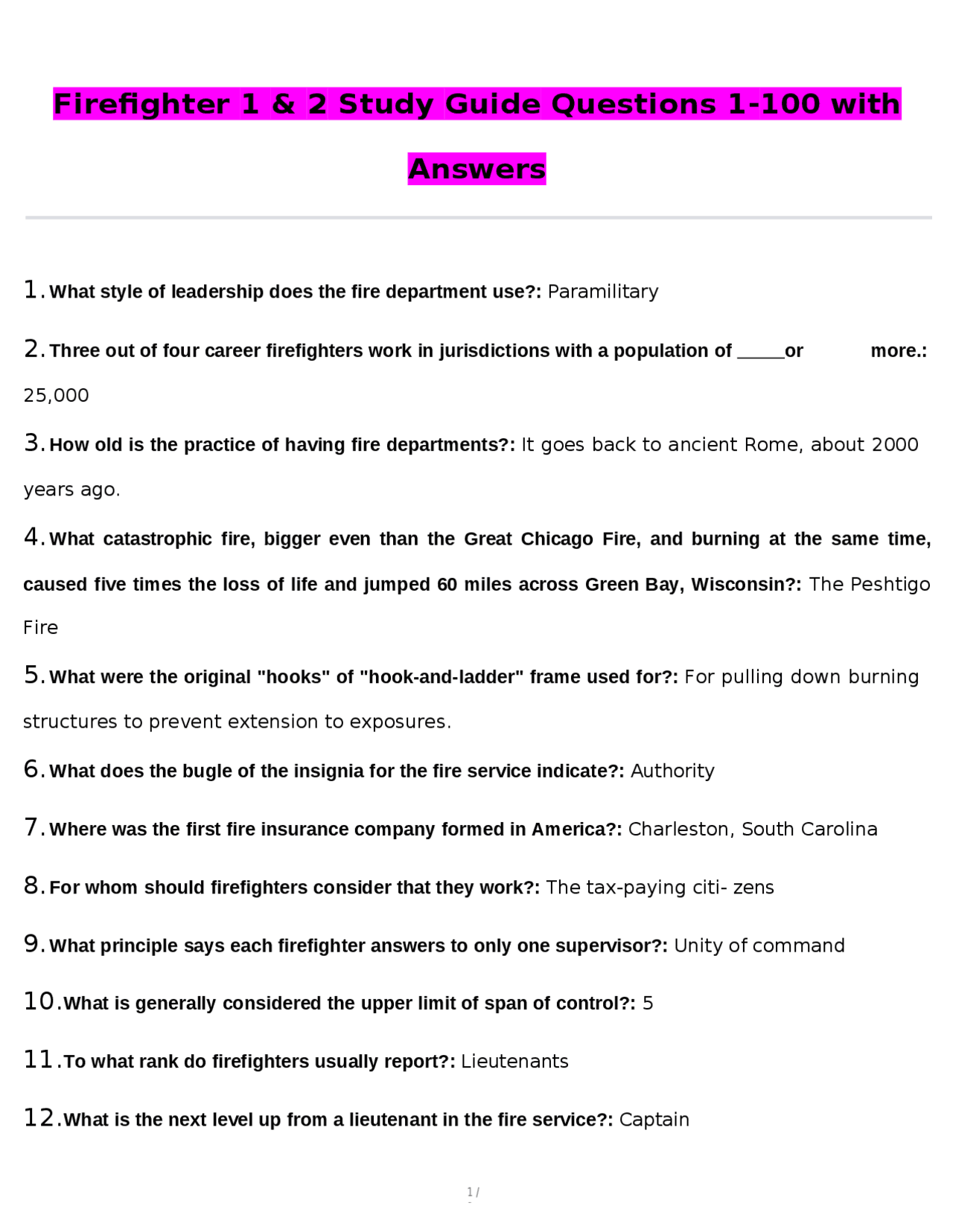 Firefighter 1 & 2 Study Guide Questions 1-100 with Answers | Exams ...