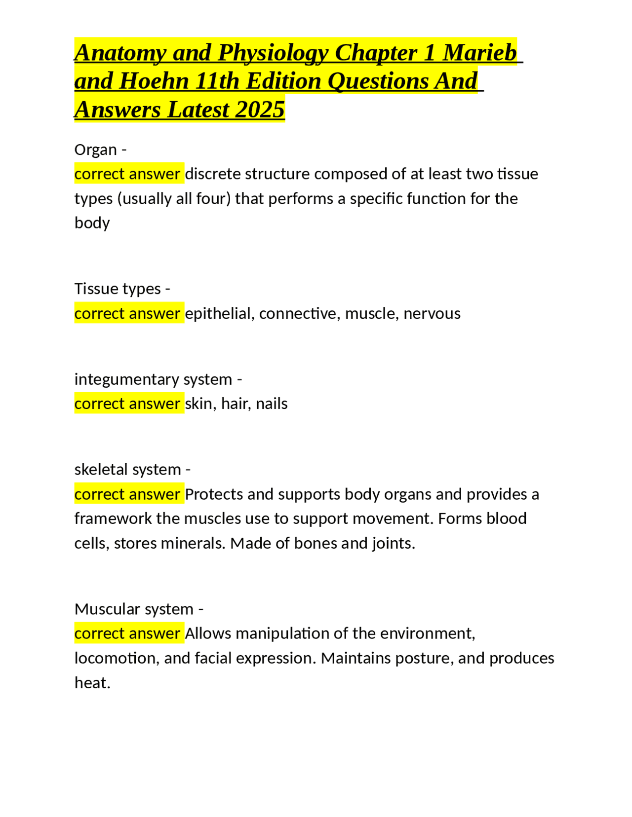 Anatomy and Physiology Chapter 1: Questions and Answers (Marieb and ...