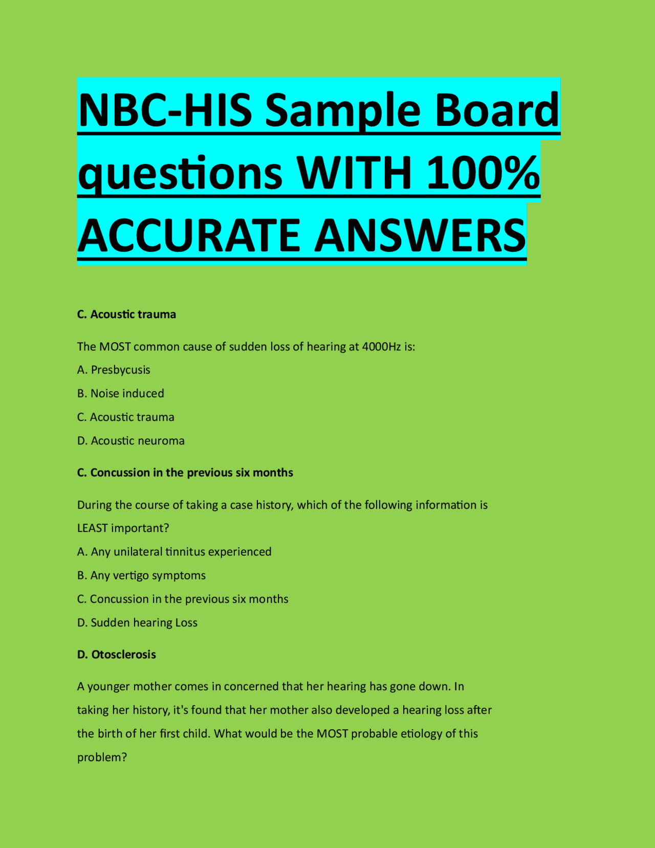 NBC-HIS Sample Board questions WITH 100% ACCURATE ANSWERS | Exams ...