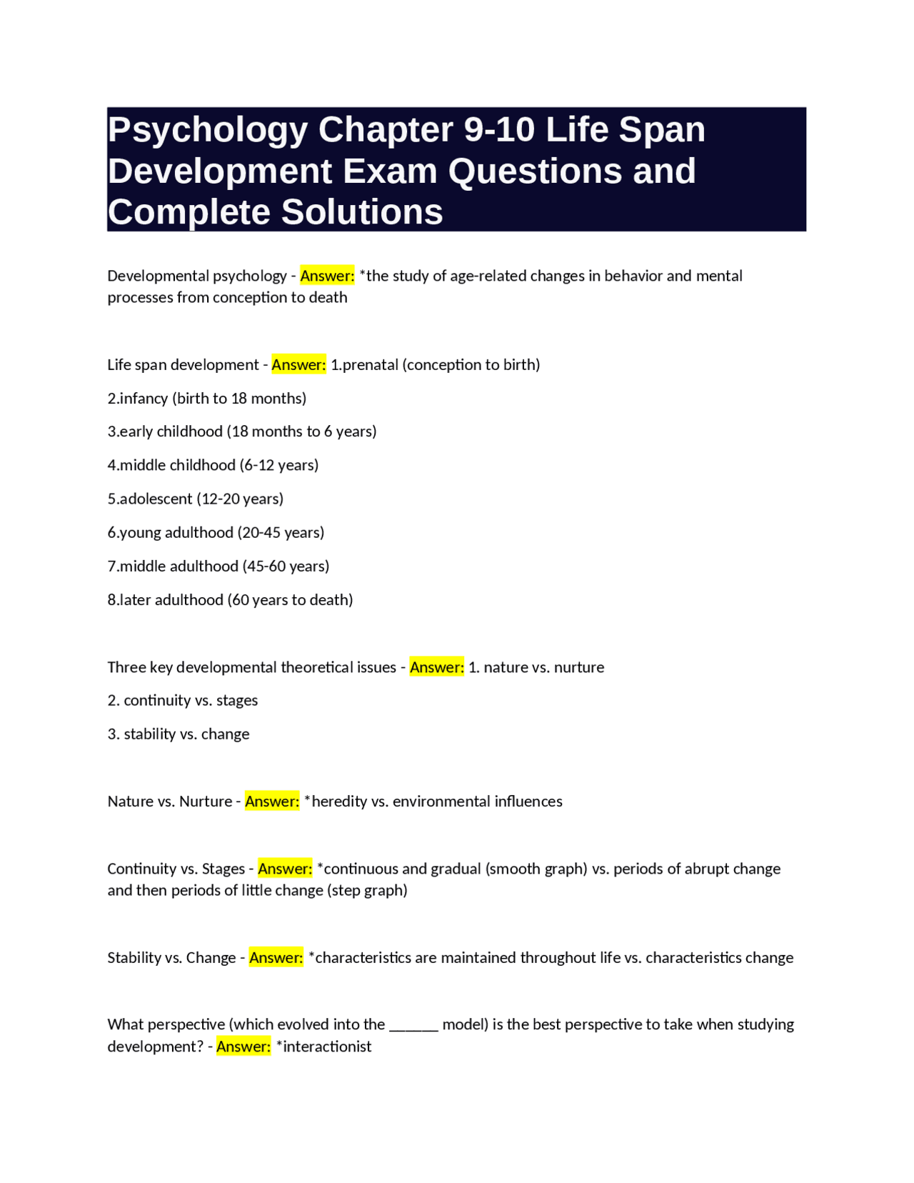Developmental Psychology Exam Questions and Answers: Life Span ...