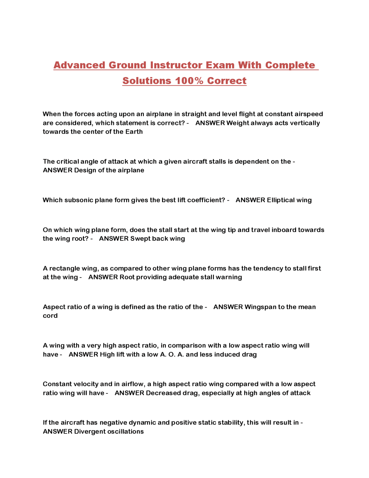 Advanced Ground Instructor Exam With Complete Solutions: Aviation ...
