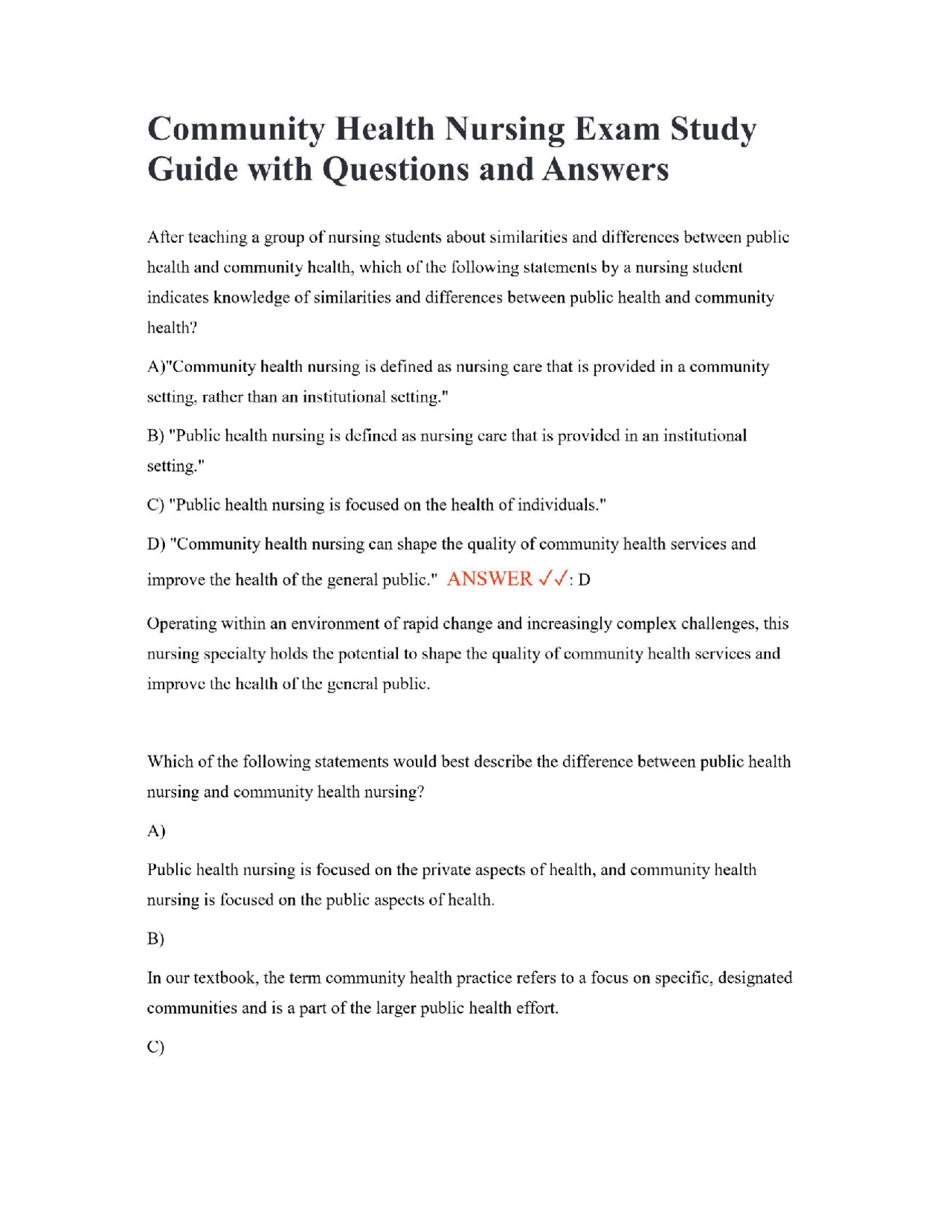 Community Health Nursing Exam Study Guide with Questions and Answers ...