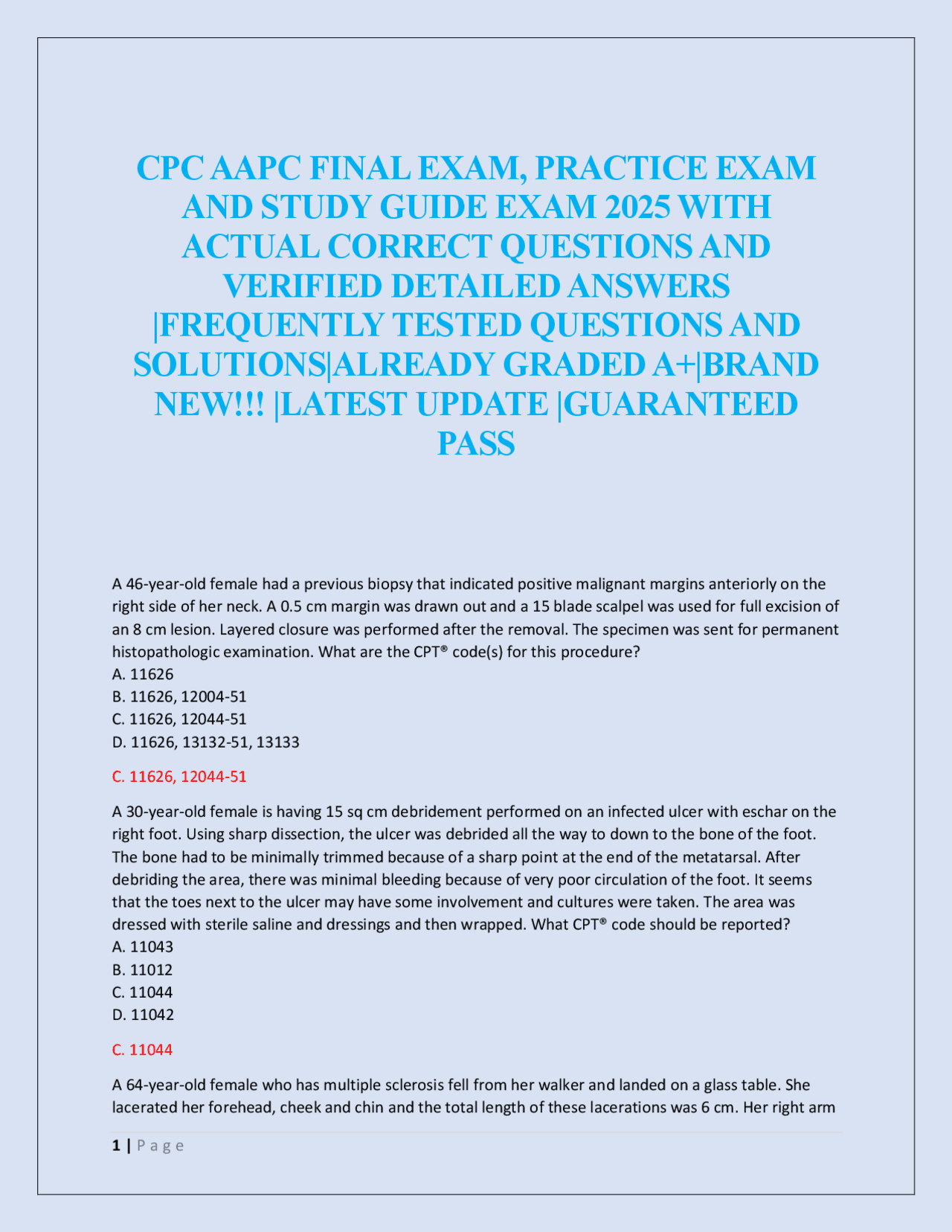 CPC AAPC FINAL EXAM, PRACTICE EXAM AND STUDY GUIDE EXAM | Exams ...