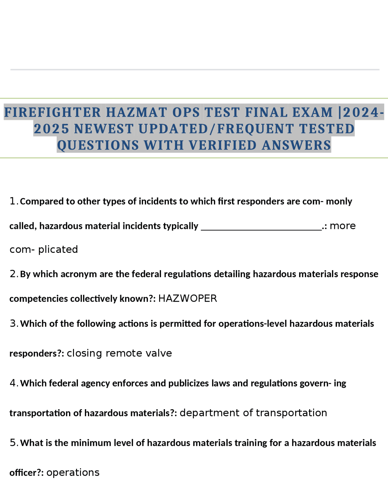 Firefighter Hazmat Ops Test Final Exam 2024 2025 Newest Updated