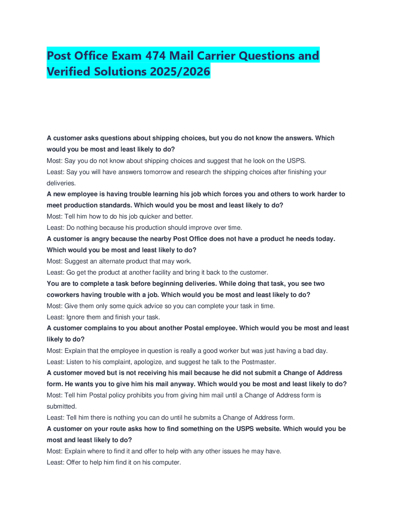 Post Office Exam 474 Mail Carrier: Questions and Verified Solutions for ...