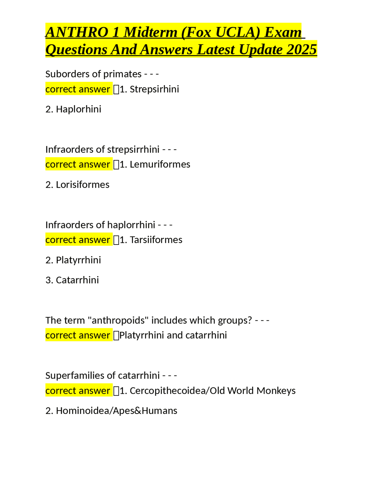 ANTHRO 1 Midterm (Fox UCLA) Exam Questions And Answers Latest Update ...