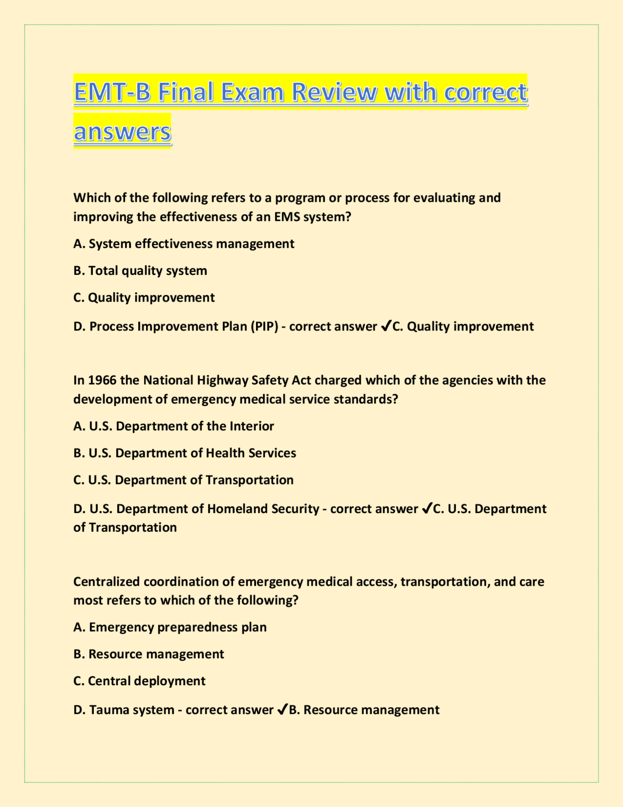 Emergency Medical Services (EMS) System: Multiple Choice Questions and ...