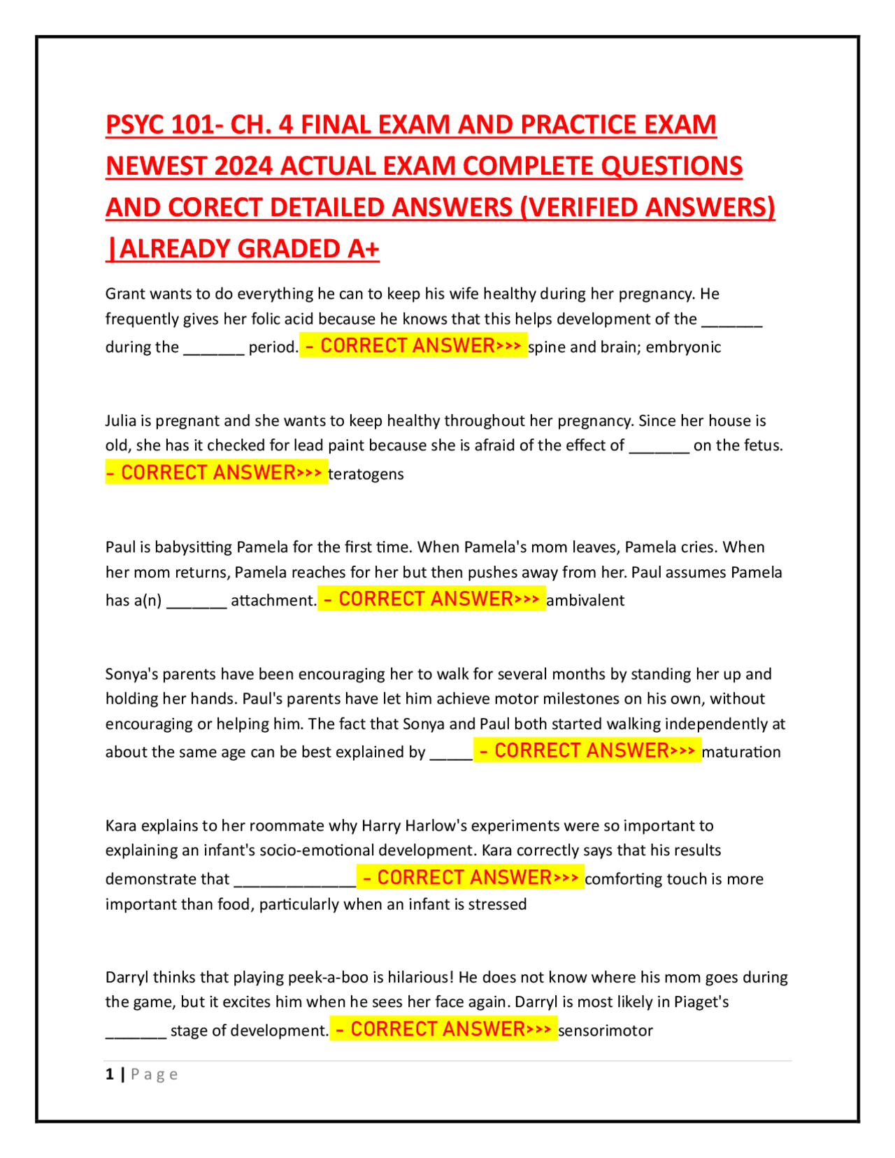 PSYC 101- CH. 4 FINAL EXAM AND PRACTICE EXAM NEWEST 2024 ACTUAL EXAM ...