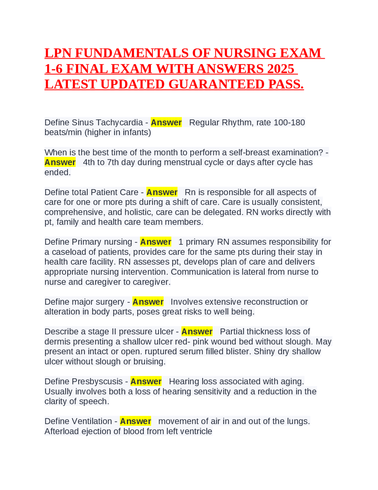 LPN FUNDAMENTALS OF NURSING EXAM 1-6 FINAL EXAM WITH ANSWERS 2025 ...