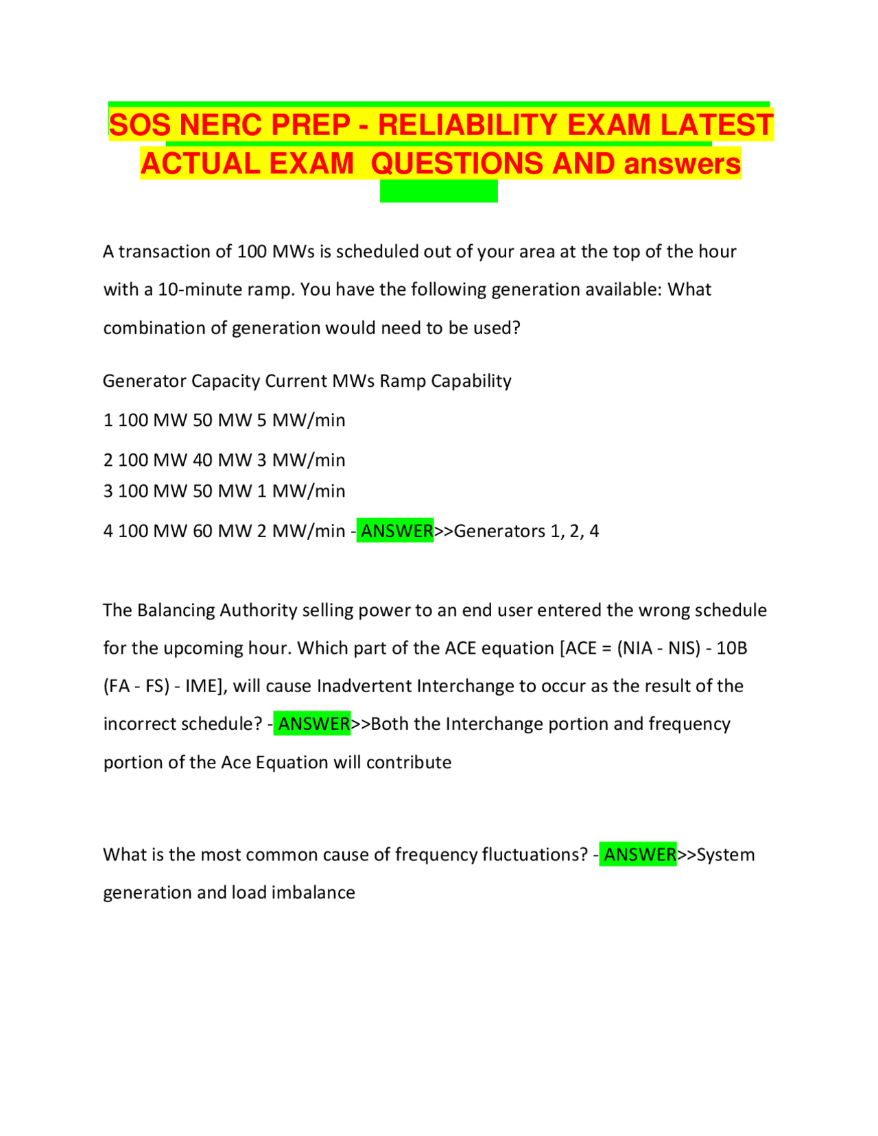 Reliability Exam Question SOS NERC PREP - RELIABILITY EXAM LATEST ACTUAL EXAM QUESTIONS AND ...