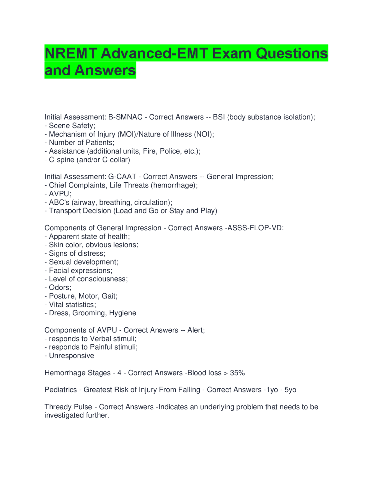 NREMT Advanced-EMT Exam Questions and Answers | Exams Advanced ...