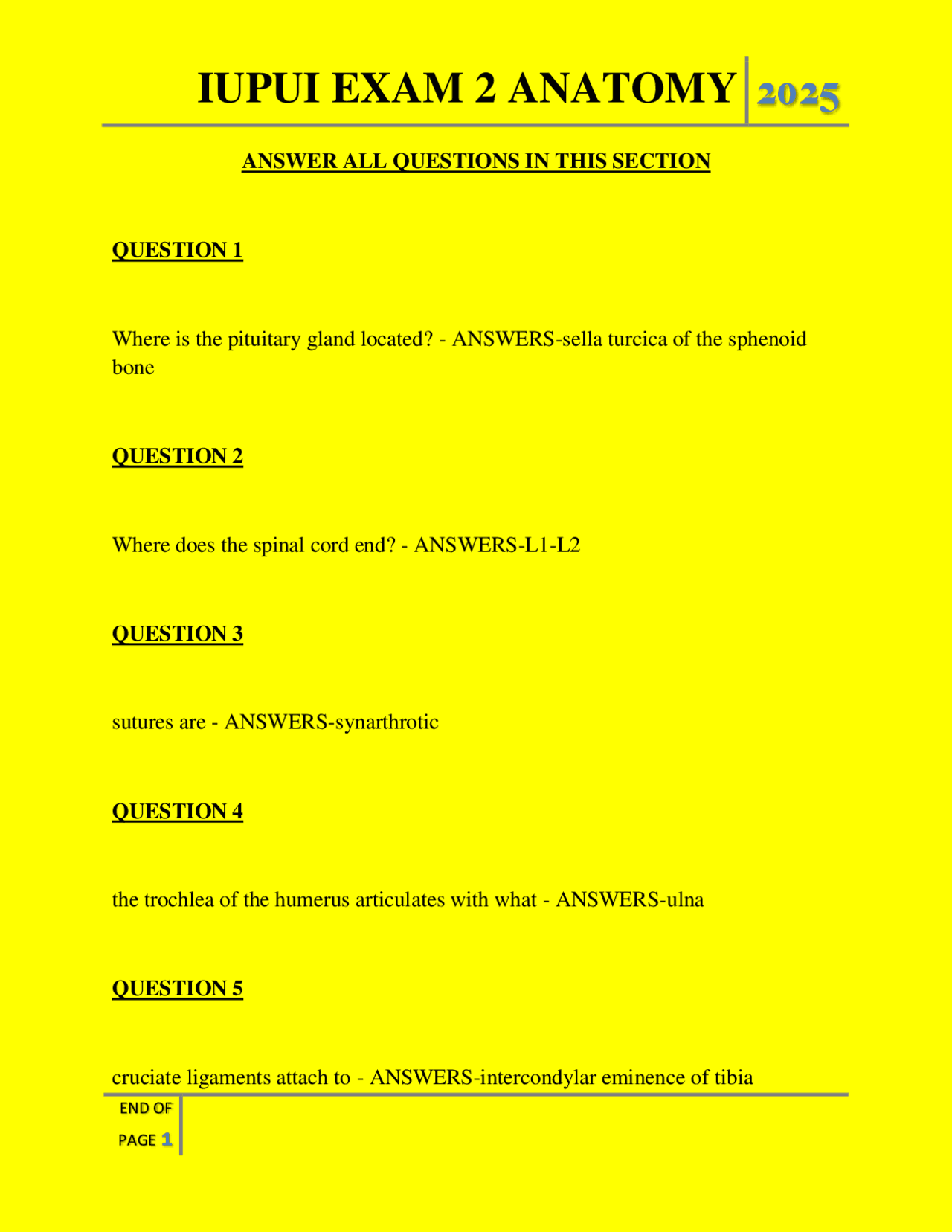IUPUI EXAM 2 ANATOMY QUESTIONS AND ANSWERS 2025 | Exams Nursing | Docsity