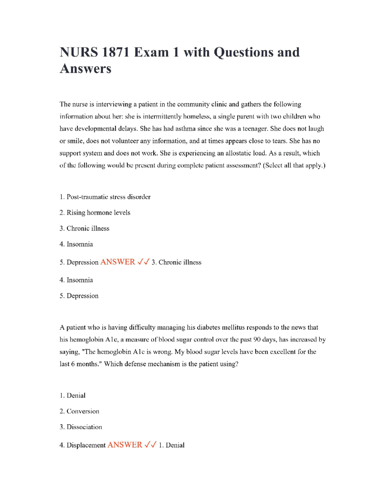 NURS 1871 Exam 1 with Questions and Answers | Exams Nursing | Docsity