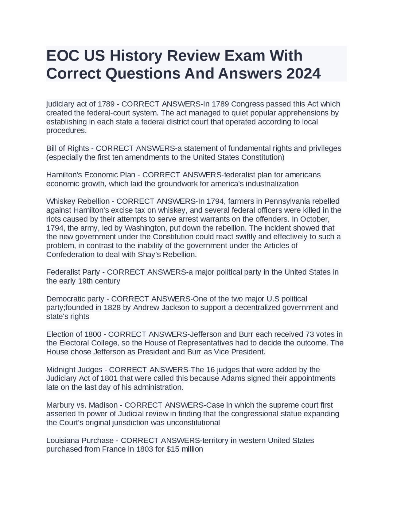 EOC US History Review Exam With Correct Questions And Answers 2024 | Exams Advanced Education ...