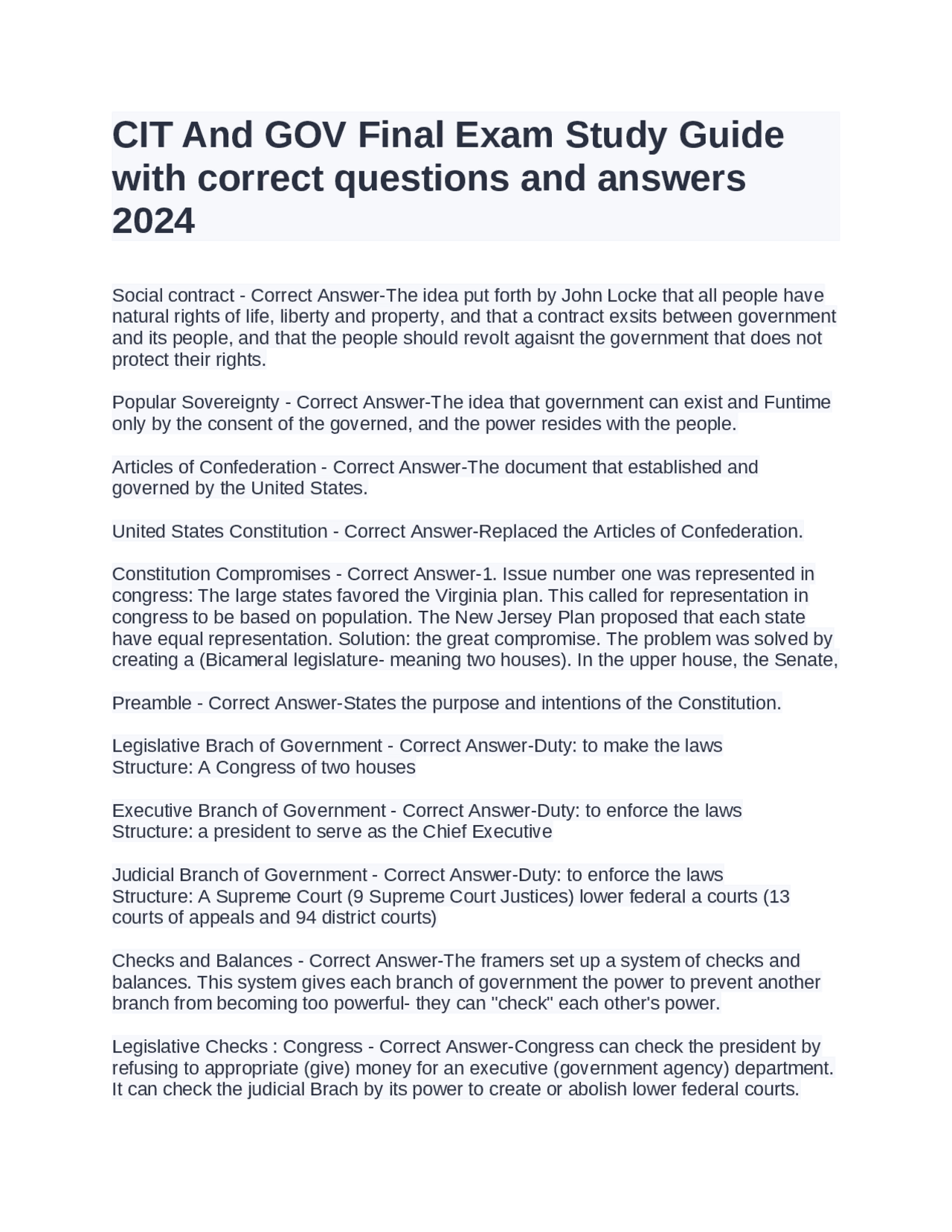 US Government and Civics Final Exam Study Guide: Key Concepts and ...