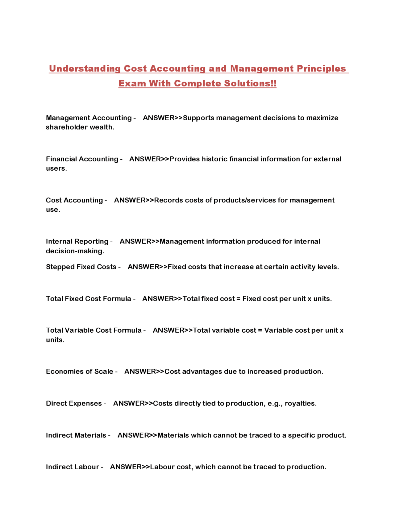 Cost Accounting and Management Principles: Exam with Complete Solutions ...