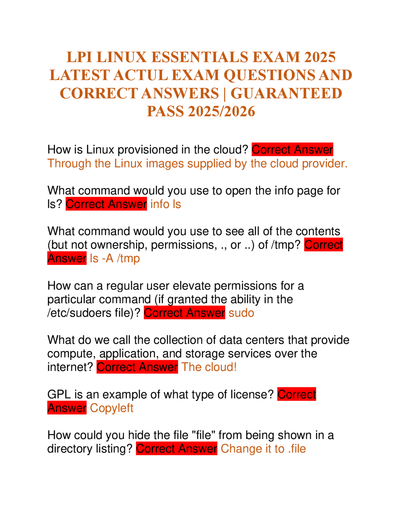 LPI LINUX ESSENTIALS EXAM 2025 LATEST ACTUL EXAM QUESTIONS AND CORRECT ...