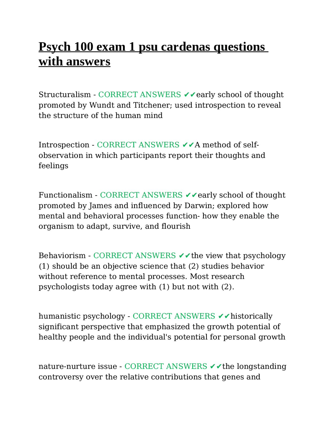 Psych 100 exam 1 psu cardenas questions with answers | Exams Psychology ...