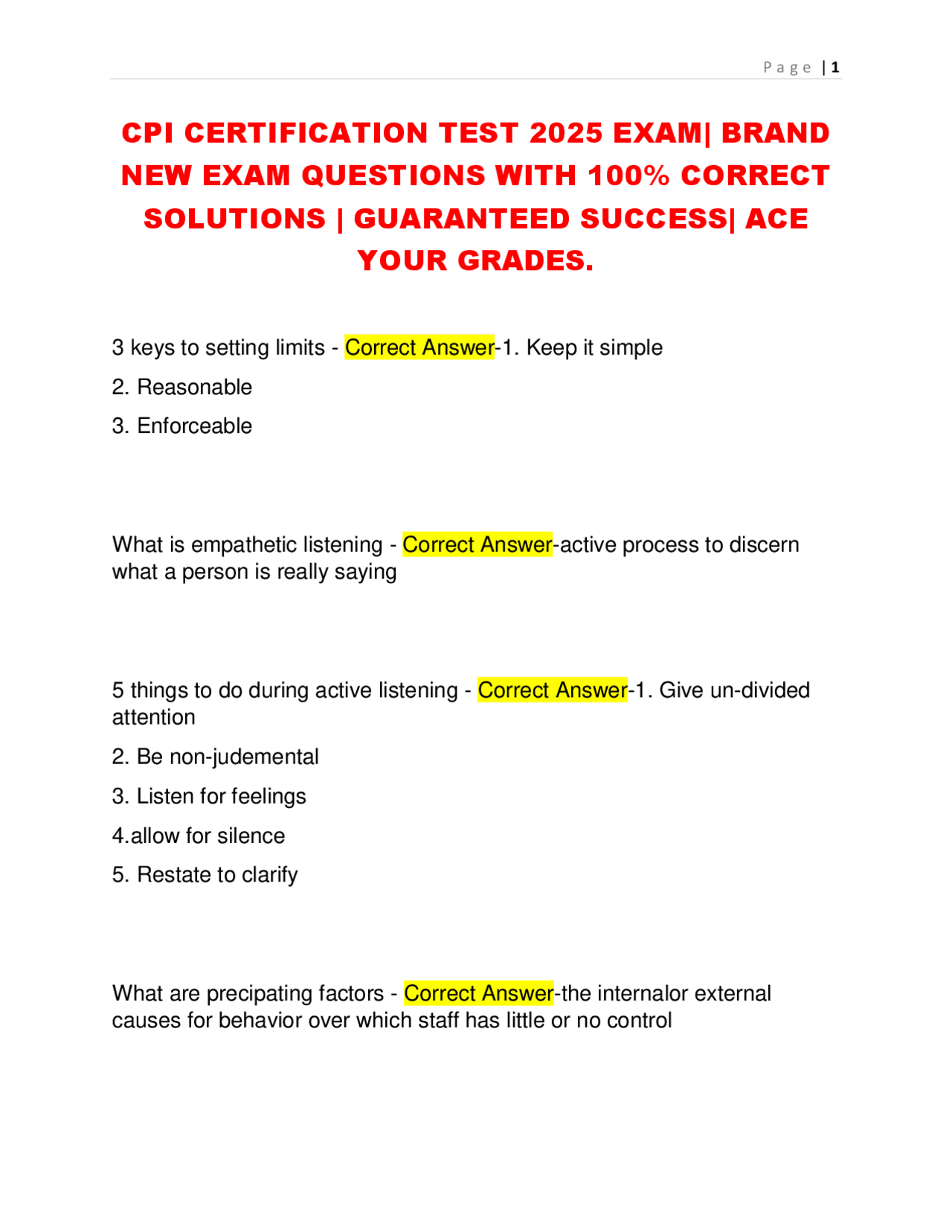 CPI Certification Test 2025 Exam: Questions and Answers | Exams Public Health | Docsity