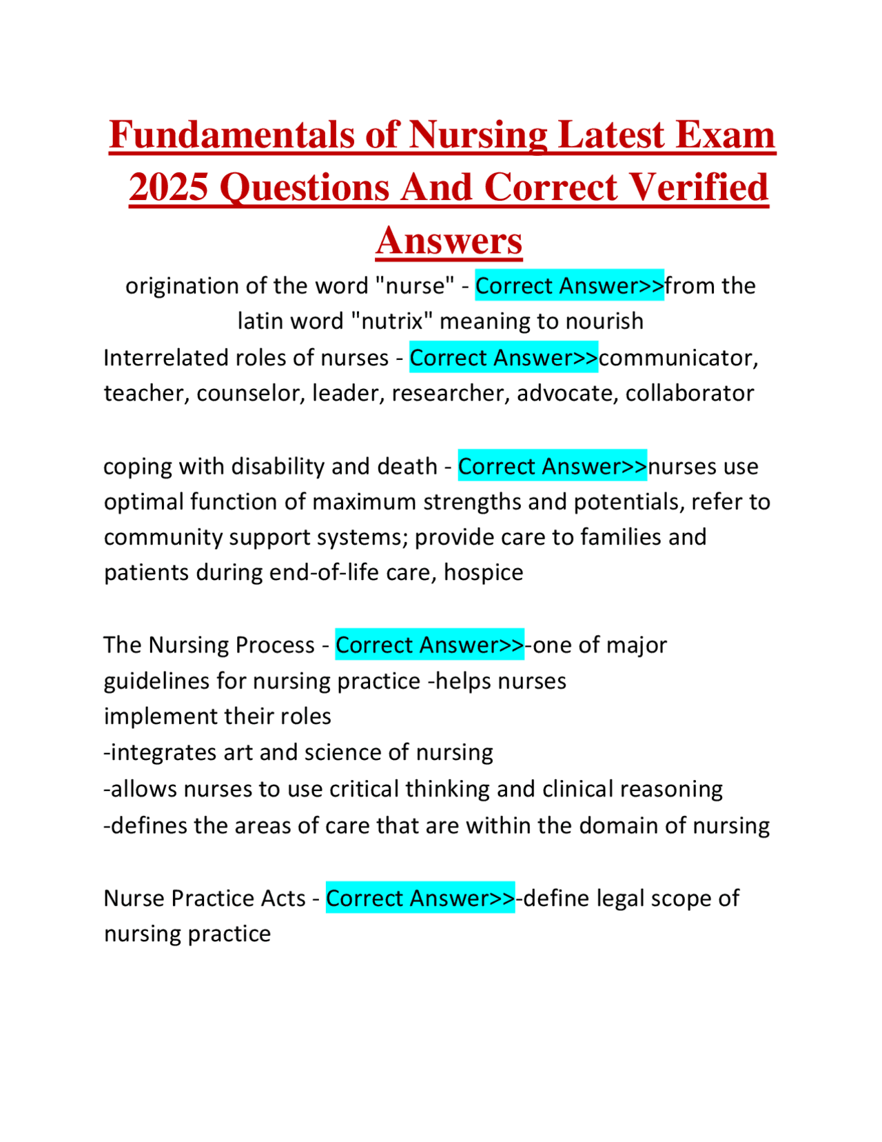 Fundamentals of Nursing Latest Exam 2025 Questions And Correct Verified ...