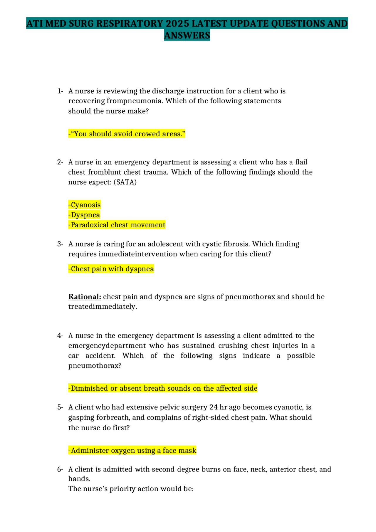 ATI MED SURG RESPIRATORY 2025 LATEST UPDATE QUESTIONS AND ANSWERS ...