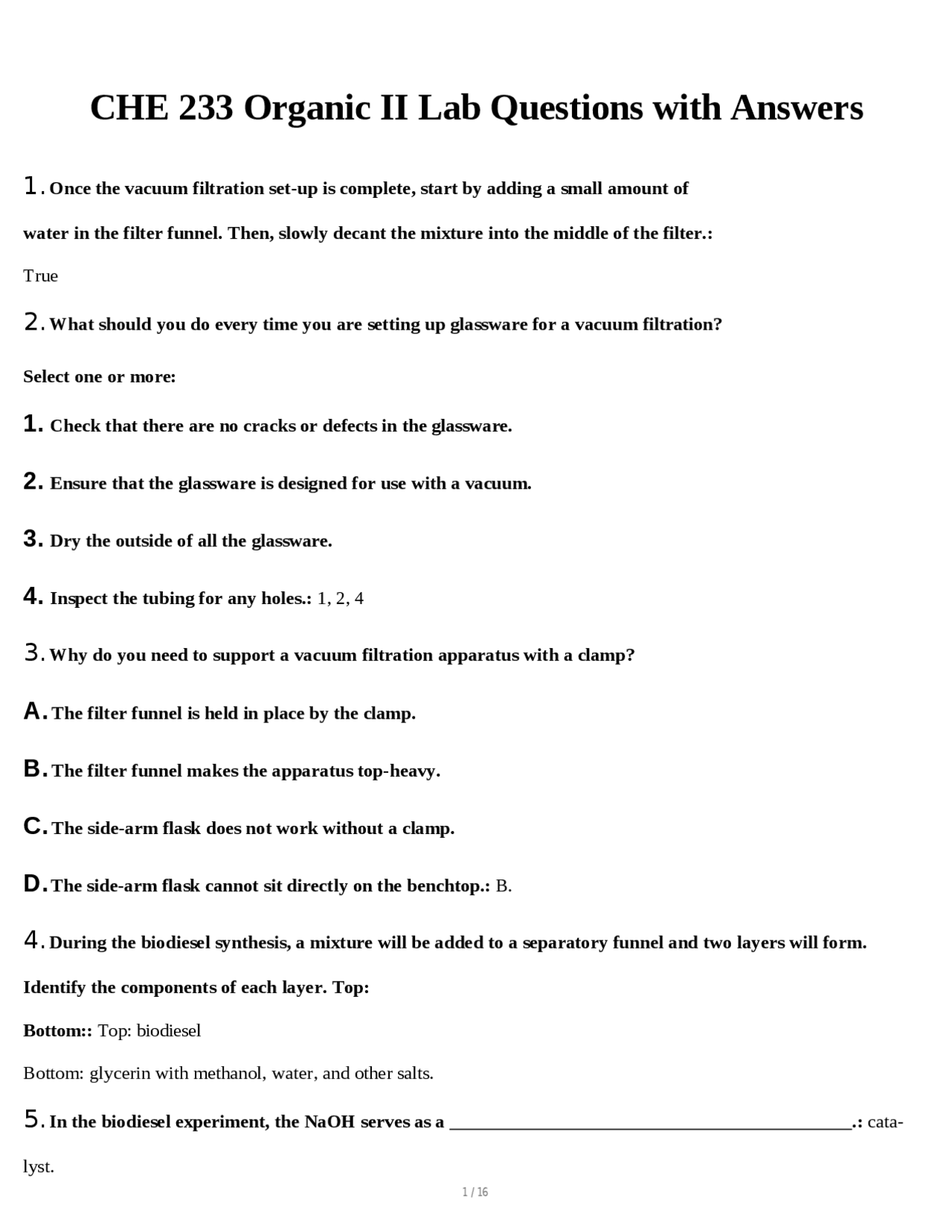 CHE 233 Organic II Lab Questions with Answers | Exams Organic Chemistry ...