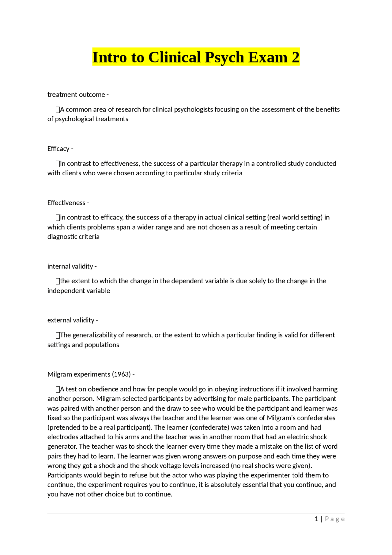 Intro to Clinical Psychology: Exam 2 Review | Exams Psychology | Docsity