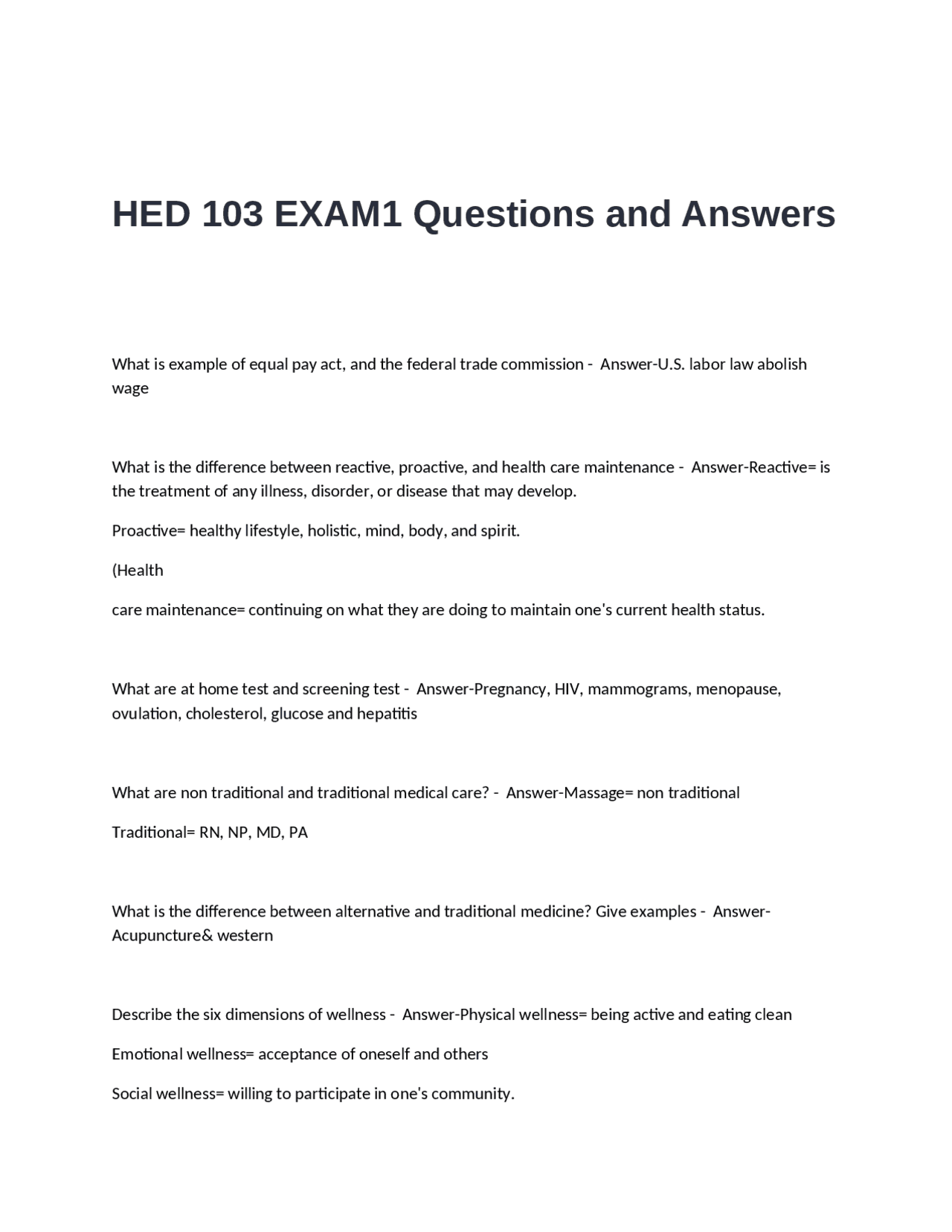健康・医学 Answers to Everyday Questions HED 103 Exam 1: Questions and Answers on Health and Wellness