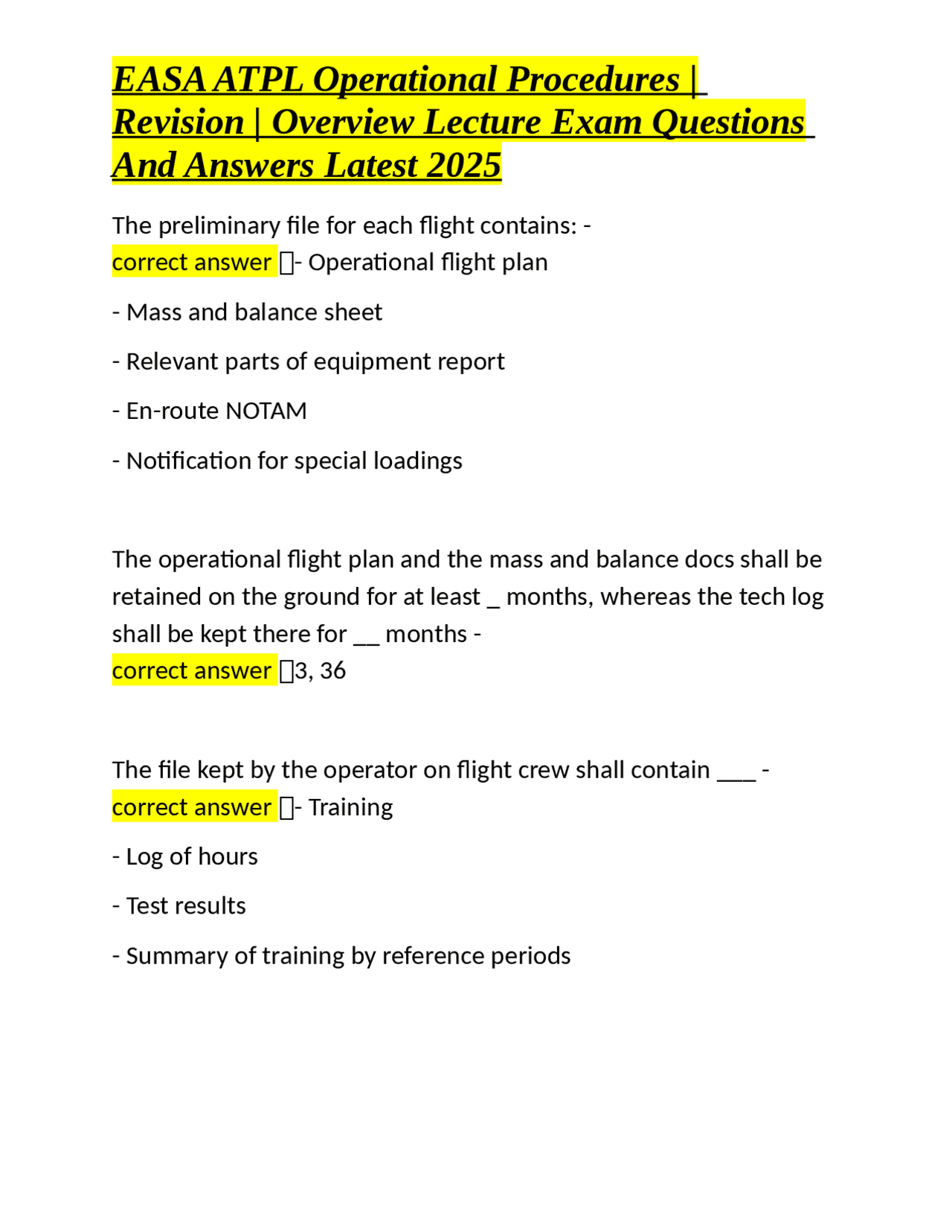 EASA ATPL Operational Procedures: Overview Lecture Exam Questions and ...
