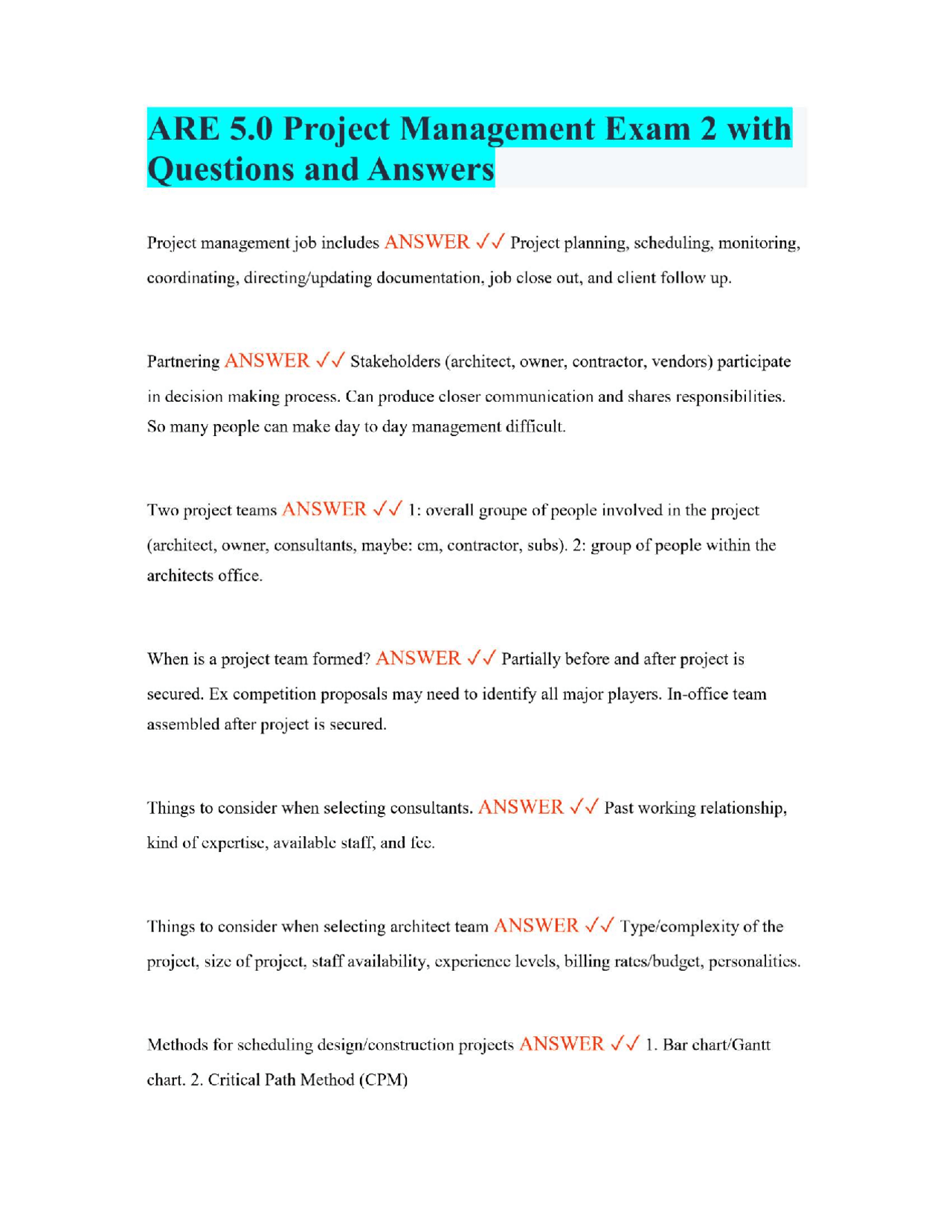 ARE 5.0 Project Management Exam 2 with Questions and Answers | Exams ...