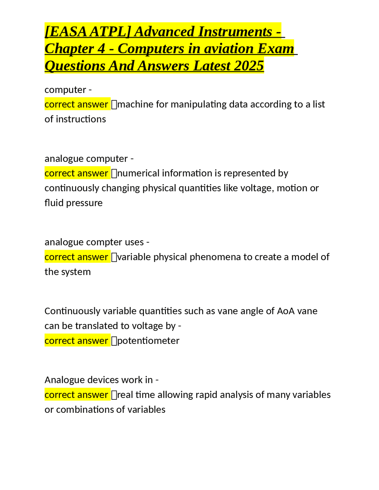EASA ATPL Advanced Instruments - Chapter 4: Computers in Aviation Exam ...